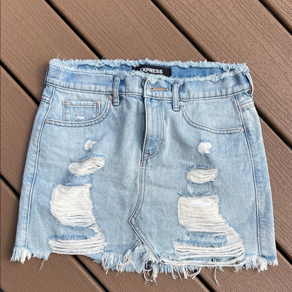 Express Light Blue Ripped Denim Skirt